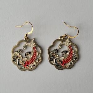 Vintage-Inspired Red Koi Fish Gold Earrings